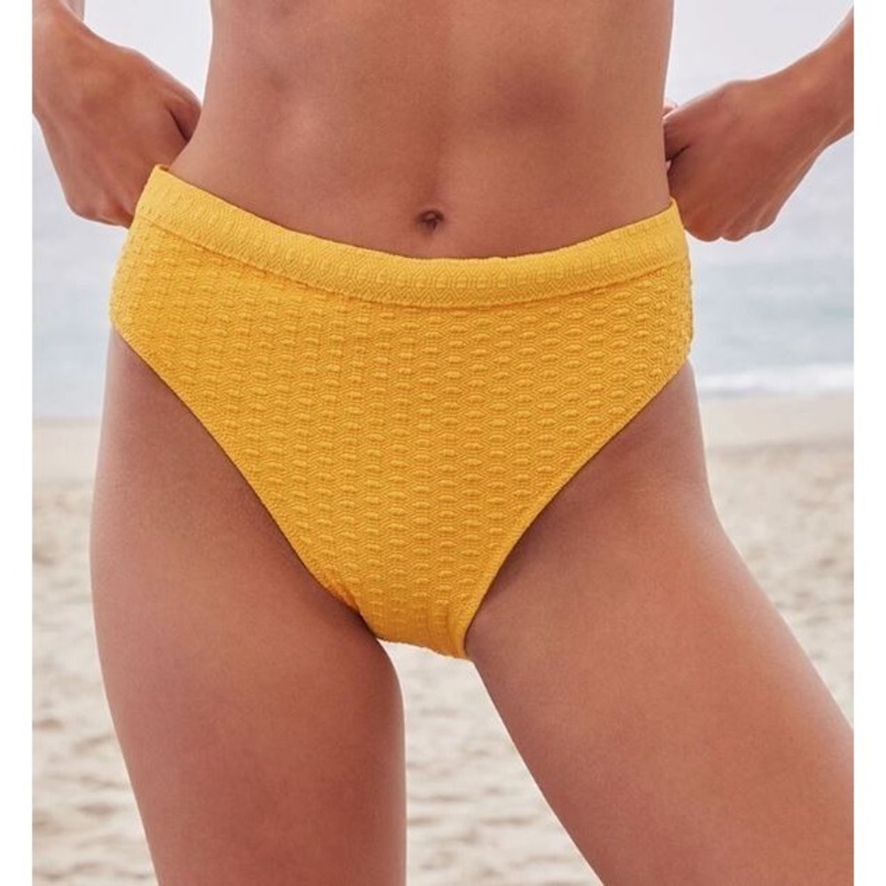 Roxy Haleiwa Banded High Waisted Textured Logo Bikini Bottom in Golden Rod Small